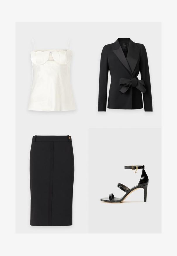 Zwarte op maat gemaakte blazer met brede satijnen revers en een grote strik in de taille, lange mouwen en een aangesloten silhouet.; Witte satijnen camisole met verstelbare bandjes, een gestructureerde, gegolfde buste en een rechte zoom. Gladde textuur en minimalistisch ontwerp.; Zwarte kokerrok tot op de knieën met een voornaaddetail en een klein goudkleurig logo op de tailleband.; Zwarte gepatineerde leren sandaal met drie banden, enkelgesp en 10 cm hoge stiletto hak. Bevat gouden hardwaredetails en een logo charm.
