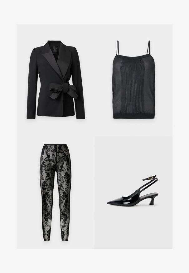 Blazer noir sur mesure avec larges revers en satin et un grand nœud noué à la taille, manches longues et silhouette ajustée.; Camisole noire sans manches en maille côtelée avec fines bretelles et encolure droite sur fond neutre.; Leggings en dentelle noire avec un motif floral, en tissu transparent, et une coupe ajustée, dotés d'une taille lisse et d'ourlets fermés.; Escarpins à brides arrière en cuir verni noir, à bout pointu, avec un petit talon carré et une sangle de cheville ajustable dotée d'une boucle dorée.