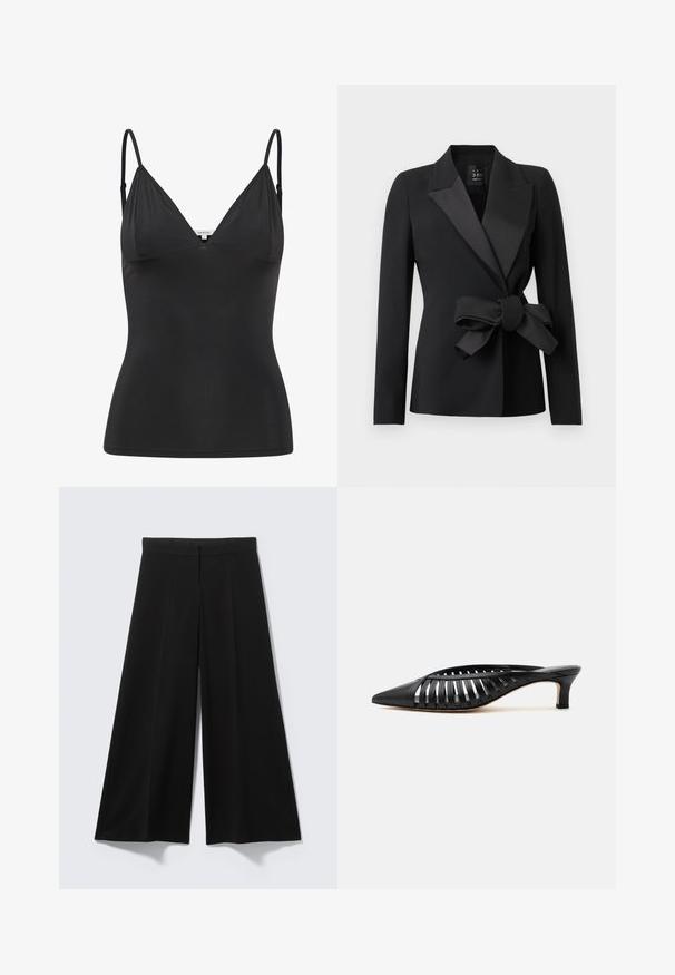 Sort skræddersyet blazer med brede satinrevers og en stor sløjfe bundet i taljen, lange ærmer og en figursyet silhuet.; Sort, tætsiddende camisole med justerbare tynde stropper, V-halsudskæring, sømløst design og glat tekstur. Lavet af et blødt, strækbart materiale.; Sorte bukser med vide ben lavet af glat stof, med høj talje, læg foran og uden synligt hardware eller mønstre.; Sort læder mule med spids snude, stropdetalje og lav kittenhælk på hvid baggrund.