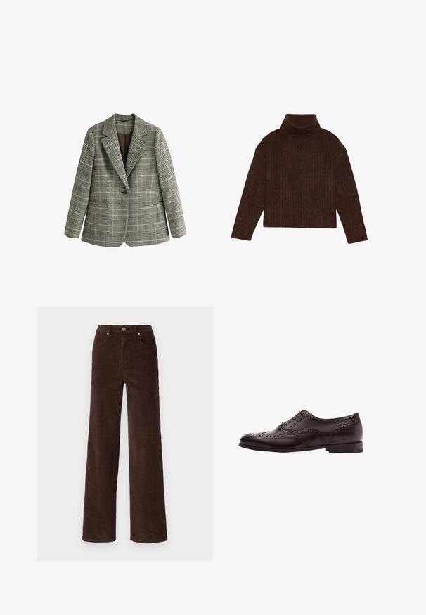 Grå ternet blazer med enkelt knap og hakkede revers samt lange ærmer, vist på hvid baggrund.; Brun ribbet turtleneck sweater med lange ærmer og cropped silhuet, med et tykkere, struktureret strikdesign.; Vero Moda VMTESSA WIDE PANTS - Bukser - chocolate torte; Brune læder dress sko med brogue-detaljer, snørebånds lukning, rund tå og en lav stablet hæl. Poleret finish og indviklede perforeringer.