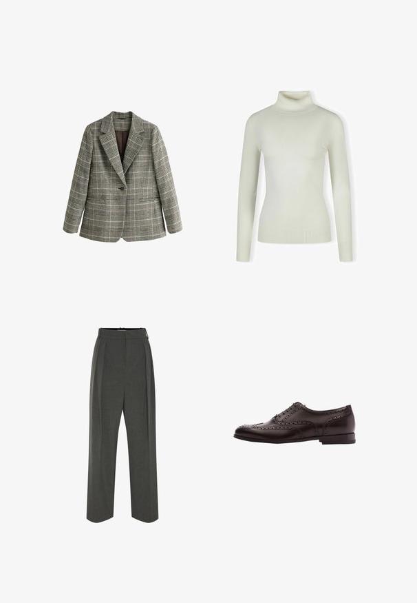 Grå ternet blazer med enkelt knap og hakkede revers samt lange ærmer, vist på hvid baggrund.; Lys cremefarvet sweater med rullekrave lavet af blødt, ribbet materiale; tætsiddende design med lange ærmer og tekstureret kant. Ingen mønstre eller detaljer.; Grå viddebukser i tekstureret stof med højtaljet pasform og forreste læg. Designet har en glat linning uden synlige lukninger.; Brune læder dress sko med brogue-detaljer, snørebånds lukning, rund tå og en lav stablet hæl. Poleret finish og indviklede perforeringer.