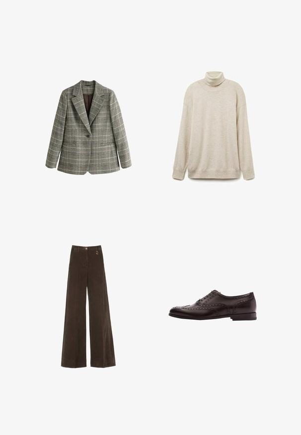 Einreihiger grauer karierter Blazer mit gekerbtem Revers und langen Ärmeln, auf weißem Hintergrund dargestellt.; Beige Rollkragenpullover aus weichem Stoff, mit lockerer Passform, geripptem Kragen, Bündchen und Saum. Schlichte, strukturierte Oberfläche ohne Muster.; Braune weit geschnittene Cordhosen mit hoher Taille, versehen mit einem goldenen Knopf und einem dekorativen Ringdetail. Texturiert, weicher Stoff mit vertikalen Streifen.; Braune Leder-Hausschuhe mit Broguedetails, Schnürverschluss, runder Zehenform und niedrigem Blockabsatz. Polierte Oberfläche und filigrane Perforationen.