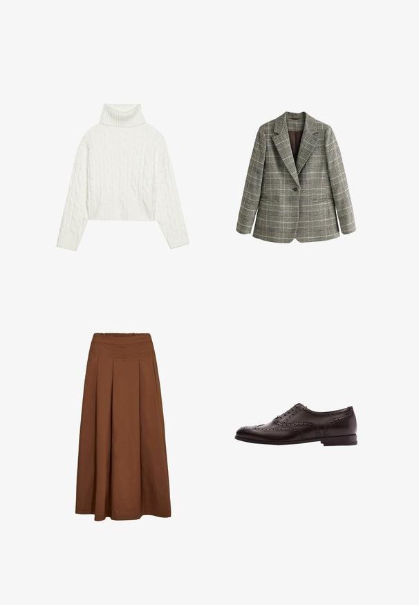 Grå ternet blazer med enkelt knap og hakkede revers samt lange ærmer, vist på hvid baggrund.; Hvid kabel-strikket turtleneck sweater med en cropped silhuet, der har ribbede manchetter og kant. Blød tekstur med et hyggeligt, chunky design.; Brun A-formet midi-nederdel med frontplisser og elastik i taljen, lavet af glat stof.; Brune læder dress sko med brogue-detaljer, snørebånds lukning, rund tå og en lav stablet hæl. Poleret finish og indviklede perforeringer.