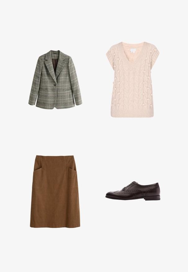 Grå ternet blazer med enkelt knap og hakkede revers samt lange ærmer, vist på hvid baggrund.; Kremfarvet strikket ærmeløs sweater med V-hals, kabelstrikmønster og hævede bobble-detaljer foran og på siderne.; Brun bomuldsnederdel med en tætsiddende talje, to sidelommer og lige snit. Stoffet har en blød tekstur og en subtil glans.; Brune læder dress sko med brogue-detaljer, snørebånds lukning, rund tå og en lav stablet hæl. Poleret finish og indviklede perforeringer.