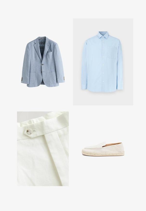 Lichtblauw colbert met een gestructureerde stof, twee voorzakken, bruine knopen en een patroon voering. Inclusief een pochet.; Lichtblauw katoenen shirt met lange mouwen, voorzien van een button-down kraag, een borstzak en een knopenlijst met witte knopen.; Witte stof met een gladde textuur, voorzien van een enkele knoopsluiting, een geplooid ontwerp en nette stikdetails.; Witte instap-espadrille met geweven bovenwerk, leren lichaam, gevlochten jute zool en lage hak, ontworpen voor casual gebruik.