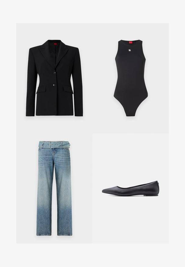 Blazer negro de tejido suave, con solapa muesca, dos botones y dos bolsillos frontales. Diseño entallado y ajustado.; Bodysuit negro con un diseño sin mangas, hecho de un material suave. Presenta un pequeño logo blanco en el pecho y una abertura de pierna alta.; Jeans de mezclilla azul claro con un diseño de pierna ancha, que presentan una cintura con cinturón a juego y un desvanecimiento gradual de oscuro a claro.; Zapato plano de cuero negro con punta puntiaguda y tacón bajo, mostrado de perfil contra un fondo blanco.