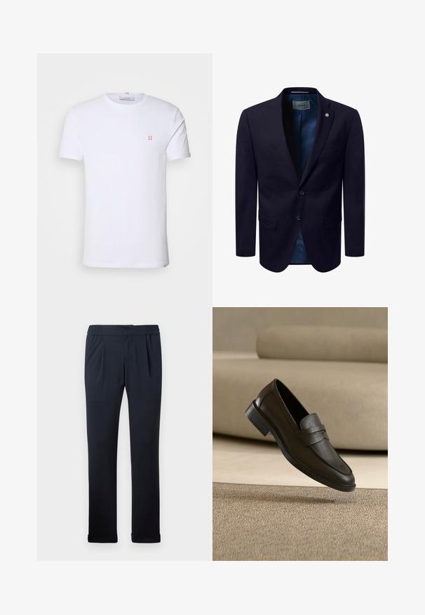 Marineblaues Herren-Sakko mit zwei Knöpfen, Stegkragen, vorderen Klappentaschen und dunkelblauem Satinfutter.; Weißes Baumwoll-T-Shirt mit kurzen Ärmeln, das ein kleines orangefarbenes "II"-Logo auf der linken Brust und einen Rundhalsausschnitt aufweist. Einfaches Design und Textur.; Dunkelblaue Hose aus weichem Stoff, mit elastischem Bund, Falten an der Vorderseite und umgeschlagenen Säumen. Glatte Textur, minimalistisches Design.; Schwarzer Lederloafer, der auf einem beigen Teppich liegt, mit einem gebogenen beigen Sofa im Hintergrund.