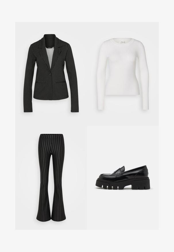 Vero Moda Tall VMMONI - Blejzer - black/white; Biely dlhý rukáv ribbed top s okrúhlym výstrihom. Tkanina je hladká, s jemnou textúrou a priliehavým strihom. Žiadne viditeľné kovanie ani vzory.; ONLY ONLFEVER PINSTRIPE FLARED - Nohavice - black/pumice stone; Čierne kožené loafers so robustnou štruktúrovanou platformovou podrážkou a ozdobným remienkom cez hornú časť. Hladký, lesklý povrch.