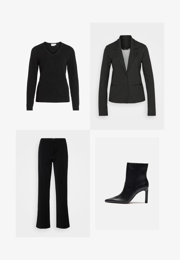 Vero Moda Tall VMMONI - Blejzer - black/white; Čierny sveter s výstrihom do V vyrobený z mäkkej tkaniny, s dlhými rukávmi, rebrovaným lemom a manžetami, s jednoduchým a klasickým dizajnom.; Čierne nohavice s rozšíreným strihom, vyrobené z hladkej tkaniny. Obsahujú elastický pás pre pohodlie a čistý, jednoduchý siluet.; Zign Členkové čižmy na vysokom opätku - black