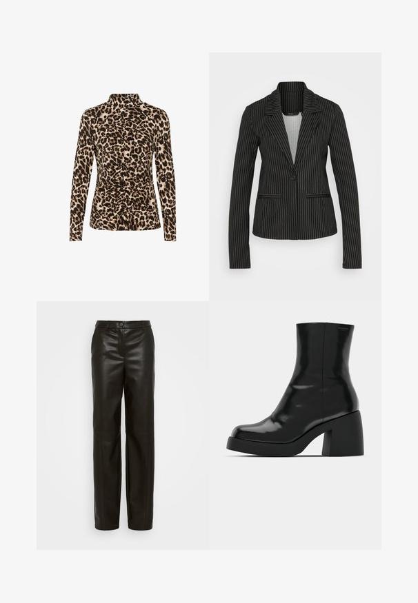 Vero Moda Tall VMMONI - Blazer - black/white; Top de manga larga con cuello alto, estampado de leopardo en tonos marrón y beige, con detalles de fruncido en la parte frontal para dar forma.; ONLY Tall ONLCARLA - Pantalones - black; Botas de tobillo negras con un acabado brillante, punta cuadrada y un tacón grueso en bloque. El diseño presenta una silueta sin costuras y un minimalismo en la marca.