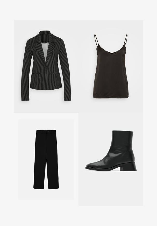 Vero Moda Tall VMMONI - Blejzer - black/white; Čierny saténový tílko s nastaviteľnými ramienkami, s V- výstrihom a hladkým, minimalistickým dizajnom. Žiadne viditeľné vzory alebo kovania.; Čierne nohavice s rovnými nohavicami, cvokmi na opasok, predným zipsom a bočnými vreckami, položené na svetlom pozadí.; Čierne členkové topánky vyrobené z lesklej kože, s elegantným dizajnom, špicatou špičkou a stredne vysokým blokovým podpätkom pre stabilitu.