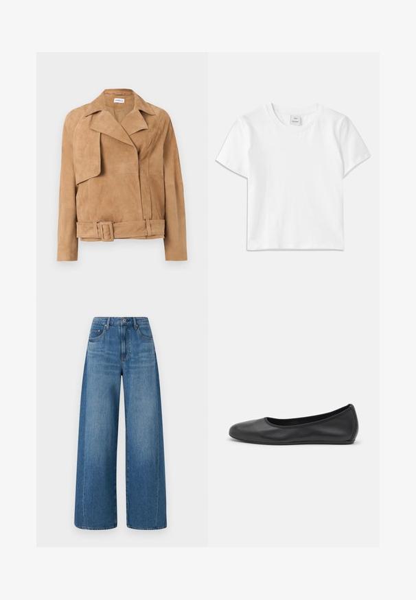 Chaqueta de ante marrón claro con cuello de solapa ancha, frente asimétrico y cinturón a juego con hebilla rectangular en la cintura.; Camiseta de algodón blanca con cuello redondo, mangas cortas y dobladillo recto. Etiqueta con la marca "Won Hundred" en el centro del escote.; Pantalones vaqueros de pierna ancha de color azul con un lavado medio, que presentan una cintura alta, cinco bolsillos y un sutil desgaste. Hechos de denim con una textura suave.; Bailarina de piel negra con punta redondeada, textura suave, detalle de costura minimalista y diseño de suela flexible.