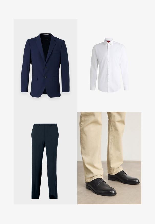 Laivastonsininen räätälöity bleiseri, jossa on kaksi nappia, läppäkaulus ja paikallaan olevat taskut. Silkkinen pinta minimalistisella designilla. Brändilogo näkyvissä sisältä.; Valkoinen nappipaita, joka on valmistettu sileästä kankaasta, klassisella kauluksella, pitkillä hihoilla ja kaarevalla helman muotoilulla. Edessä on beigejä nappeja.; Tummansininen virallinen housut, joissa on vyölenkit, etutaskut ja suora lahje, esitelty yksinkertaisella taustalla.; Musta nahkakengät nauhalla, pyöreällä kärjellä, sileällä pinnalla ja hienovaraisilla ompelutiedoilla, käytettynä vaaleanbeigejen housujen kanssa.