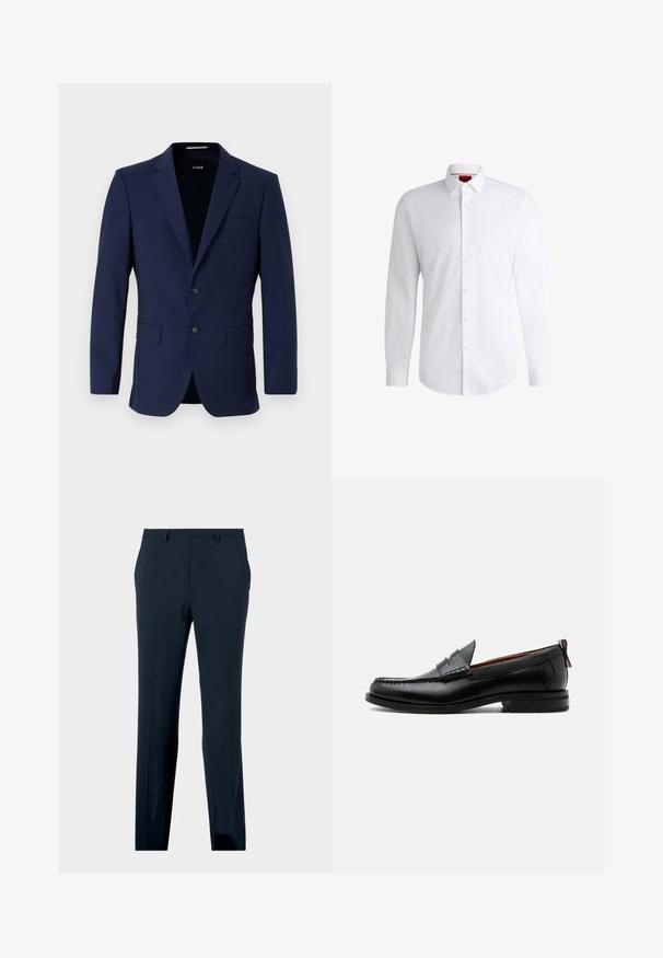 Marineblå skræddersyet blazer med to knapper, reverskrave og påsyede lommer. Glat tekstur med et minimalistisk design. Brandlogo synligt indeni.; Hvid skjorte med knapper lavet af glat stof med klassisk krave, lange ærmer og rundet kant. Har beige knapper foran.; Marineblå formelle bukser med bæltestropper, forlommer og lige ben, præsenteret på en neutral baggrund.; Sort læder herre loafer med moc-tå syning, penny strop, struktureret krave og lav stablet hæl på hvid baggrund.