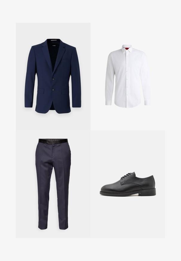 Marineblaues, maßgeschneidertes Blazer mit zwei Knöpfen, Reverskragen und aufgesetzten Taschen. Glatte Textur mit minimalistischem Design. Markenlogo innen sichtbar.; Weißes Herrenhemd aus glattem Stoff mit klassischem Kragen, langen Ärmeln und abgerundetem Saum. Mit eleganten beigen Knöpfen an der Vorderseite.; Marineblaue, maßgeschneiderte Hosen mit glatter Textur, ausgestattet mit einem schwarzen Bund und Falten an der Vorderseite für ein formelles Erscheinungsbild.; Schwarze Leder-Oxfordschuhe mit runder Zehenform, glatter Oberfläche, fünf Ösen für die Schnürung und niedrigem, gestapeltem Absatz.