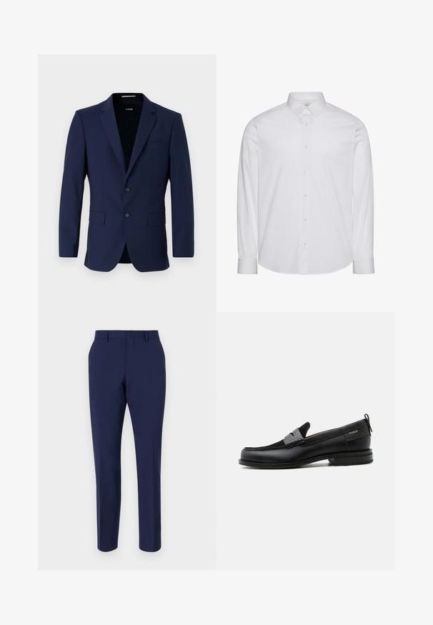 Marineblå skræddersyet blazer med to knapper, reverskrave og påsyede lommer. Glat tekstur med et minimalistisk design. Brandlogo synligt indeni.; Hvid langærmet skjorte med knapper lavet af bomuld. Har en standardkrave, frontplade med knapper og afrundet kant. Diskret mærkelogo.; Marineblå skræddersyede bukser lavet af glat stof, med en slim fit, flad front og en standard talje med bæltesløjfer.; Sort læderloafer med grå remdetalje, lav hæl og tekstureret sål, mærket med "HUGO" i guld på siden.