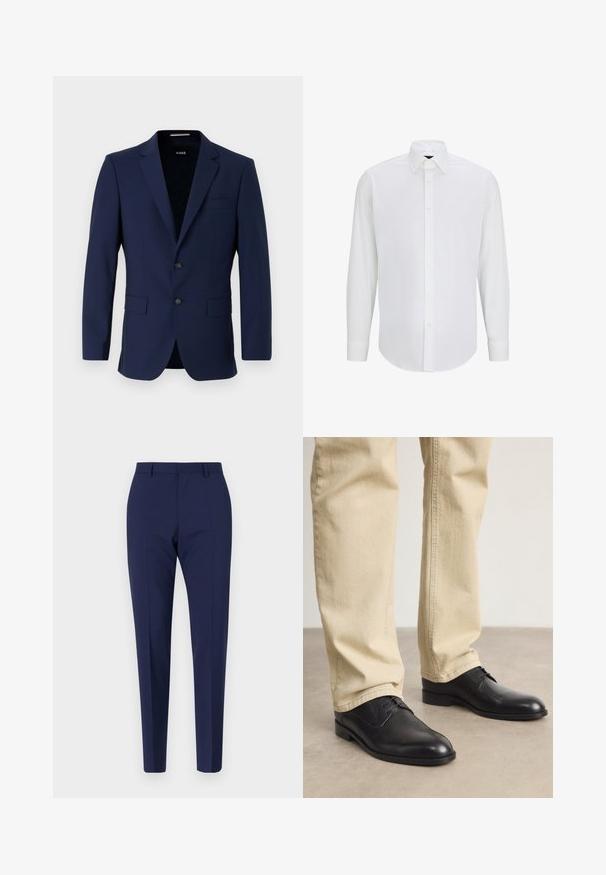 Marineblaues, maßgeschneidertes Blazer mit zwei Knöpfen, Reverskragen und aufgesetzten Taschen. Glatte Textur mit minimalistischem Design. Markenlogo innen sichtbar.; Weißes Langarmhemd aus glattem Stoff mit klassischem Kragen, knöpfen in der Front und abgerundetem Saum. Keine sichtbaren Muster oder Akzente.; Marineblau maßgeschneiderte Hose mit schlanker Passform, die eine glatte Textur, einen flachen Vorderteil und gepolsterte Beine aufweist. Keine sichtbaren Taschen oder Verzierungen.; Schwarze Leder Schnürschuhe mit runder Zehenform, glatter Oberfläche und dezenten Nähdetails, getragen mit hellbeigen Hosen.