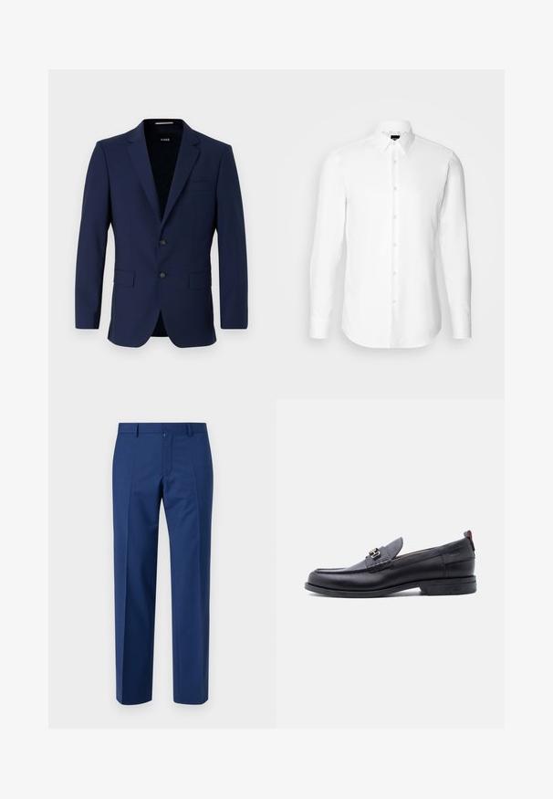 Marineblå skræddersyet blazer med to knapper, reverskrave og påsyede lommer. Glat tekstur med et minimalistisk design. Brandlogo synligt indeni.; Hvid skjorte med lange ærmer, knaplukning foran, klassisk krave, lavet af glat stof med en subtil tekstur, designet til et tætsiddende udseende.; Mørkeblå bukser med lige ben design, der har flad front, subtil tekstur, bæltestropper og lynlåsstop.; Sort lædermokasin med grå tekstureret forfod, sølvfarvet metalspænde, lav hæl og trækflap bagpå.