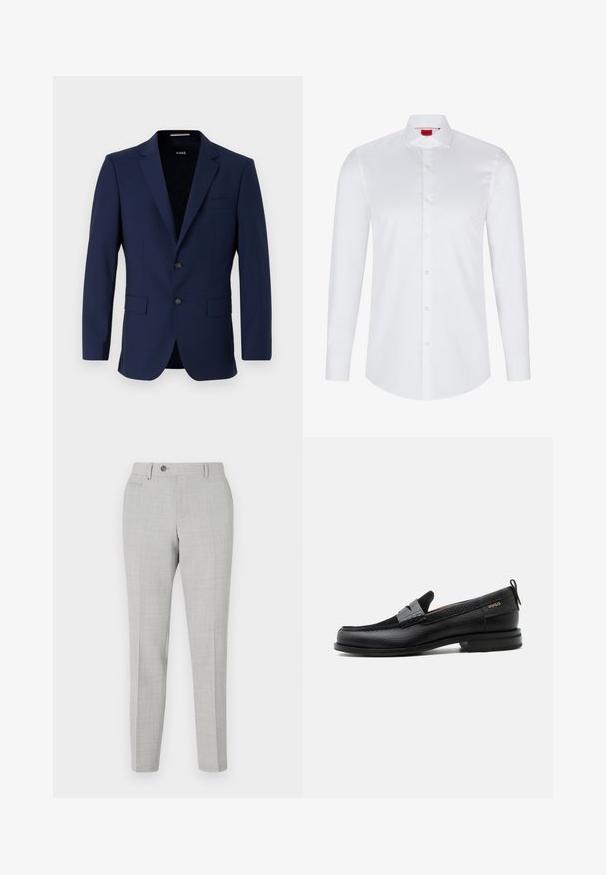 Laivastonsininen räätälöity bleiseri, jossa on kaksi nappia, läppäkaulus ja paikallaan olevat taskut. Silkkinen pinta minimalistisella designilla. Brändilogo näkyvissä sisältä.; Valkoinen pitkähihaisella nappilistalla varustettu paita, joka on valmistettu sileästä puuvillasta. Siinä on klassinen kaulus, täysi nappilista ja pyöristetty helma.; Harmaat räätälöidyt housut, joissa on hienovarainen ruutukuvio, valmistettu kevyestä kankaasta. Ominaisuuksiin kuuluu nappikiinnitys ja sivutaskut. Slim fit -silhuetti.; Musta nahkalesti harmaalla remmikoristeella, matala korko ja teksturoitu pohja, sivustalla kullanvärisellä "HUGO"-brändillä.