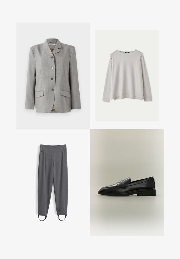 Grauer kariert Blazer mit geknöpften Revers, vier Frontknöpfen, zwei Taschen an den Seiten und einer glatten Textur.; Helles graues Langarmshirt aus weichem Stoff, mit rundem Ausschnitt und lockerer Passform sowie seitlichen Schlitzen am Saum.; Maßgeschneiderte graue Hosen mit Seitentaschen und schwarzen Steigbügeln, die an den Bündchen befestigt sind, auf weißem Hintergrund dargestellt.; Schwarzer Leder-Pennyloafer mit niedrigem Absatz, abgerundeter Spitze und genähten Details auf neutralem Hintergrund.