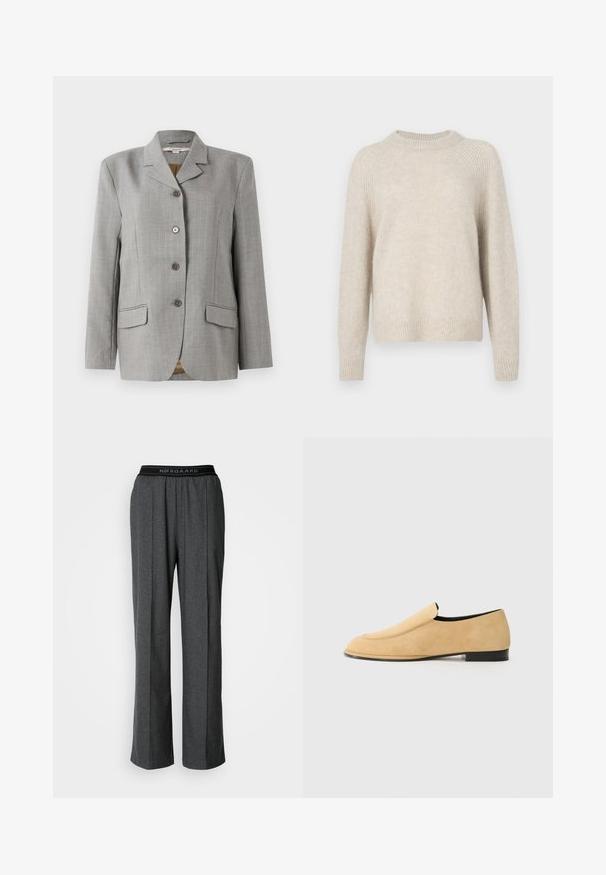Grå ternet blazer med nøddekrave, fire frontknapper, to sidelommer og en glat tekstur.; Beige striktrøje med rund hals, raglanærmer og ribbet kant. Blød tekstur med en let løs pasform og minimal mønster.; Grå, bred benbukser med læg, lavet af et tekstureret stof. Har en sort elastik i taljen med "NØRGAARD" logo.; NEOUS POLARIS - Loafers - sand