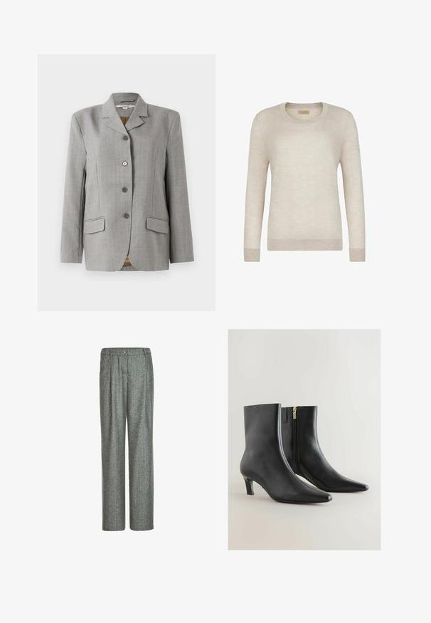 Grauer kariert Blazer mit geknöpften Revers, vier Frontknöpfen, zwei Taschen an den Seiten und einer glatten Textur.; Beiger Langarm-Pullover mit Rundhalsausschnitt und gerippten Bündchen sowie Saum, auf weißem Hintergrund dargestellt.; Graue Nadelstreifen-Hosenträger mit hoher Taille, Knopf und Gürtelschlaufen, mit gerader Beinform und Bügelfalten.; Schwarze Leder-Stiefeletten mit spitzer Zehenpartie und niedrigem Absatz. Verfügen über einen seitlichen Reißverschluss mit goldfarbenem Akzent und eine glatte, polierte Oberfläche.