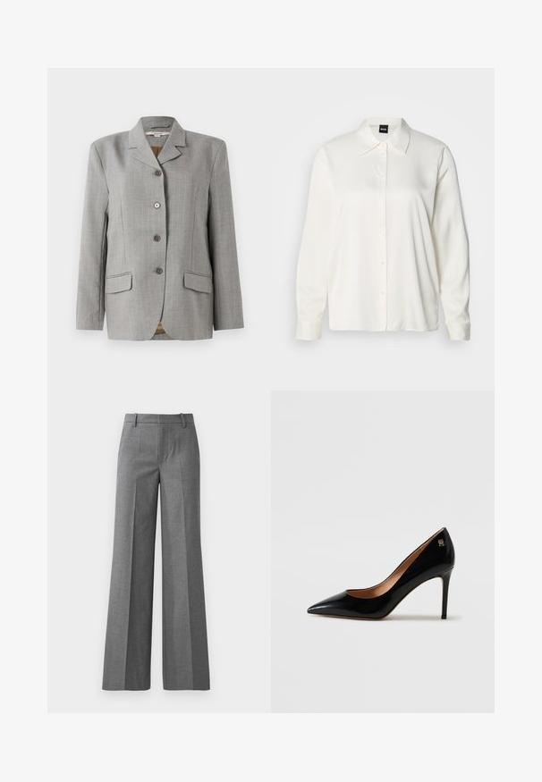 Grå ternet blazer med nøddekrave, fire frontknapper, to sidelommer og en glat tekstur.; Hvid skjorte med lange ærmer lavet af glat stof, der har en klassisk krave, knaplukning foran og knapper ved ærmekanterne, med en afslappet pasform.; Grå bukser med vidde i et tekstureret stof. Har frontfolder, en tætsiddende talje og en poleret finish, ideel til formelle anledninger.; Sorte patentlæder højhælede pumps med spids tå, en slank stiletto hæl og et lille guld dekorativt logo nær hælen.