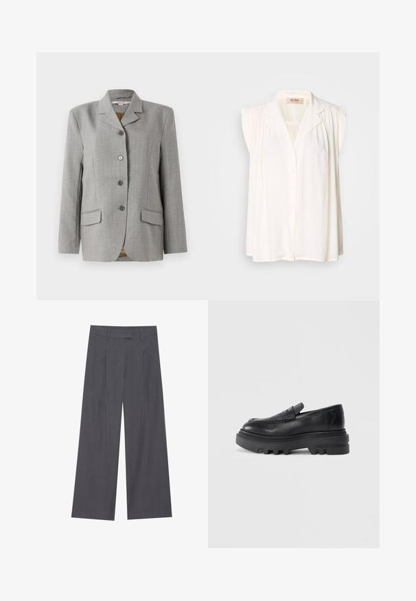 Blazer de cuadros gris con cuello de muesca, cuatro botones delanteros, dos bolsillos laterales y una textura suave.; Blusa blanca sin mangas con cuello tipo camisa, cierre frontal de botones y detalles de hombros plisados. Textura suave y diseño fluido.; Pantalones de pierna ancha grises con una textura suave, que presentan un diseño plisado en la parte delantera y una cintura estándar para un ajuste cómodo.; Mocasines de cuero negro con suela negra gruesa y detalle de tira texturizada. El acabado suave y la forma redondeada realzan su diseño contemporáneo.