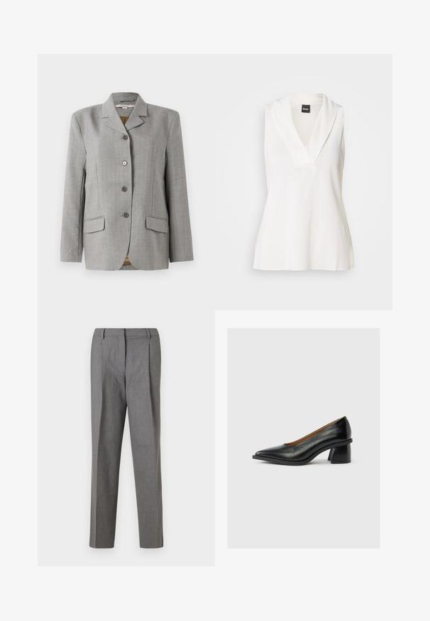 Grå ternet blazer med nøddekrave, fire frontknapper, to sidelommer og en glat tekstur.; Hvid ærmeløs top med V-halsdesign, der har en draperet krave og en glat, let blank overflade. Ideel til lag-på-lag styling.; Grå skræddersyede bukser med et tekstureret stof, der har et lige ben-design, folder foran og en talje uden synbare hardware.; Sort læderpumps med lav hæl, spids tå og unik flaret blokhælkappe på en ensartet lysegrå baggrund.