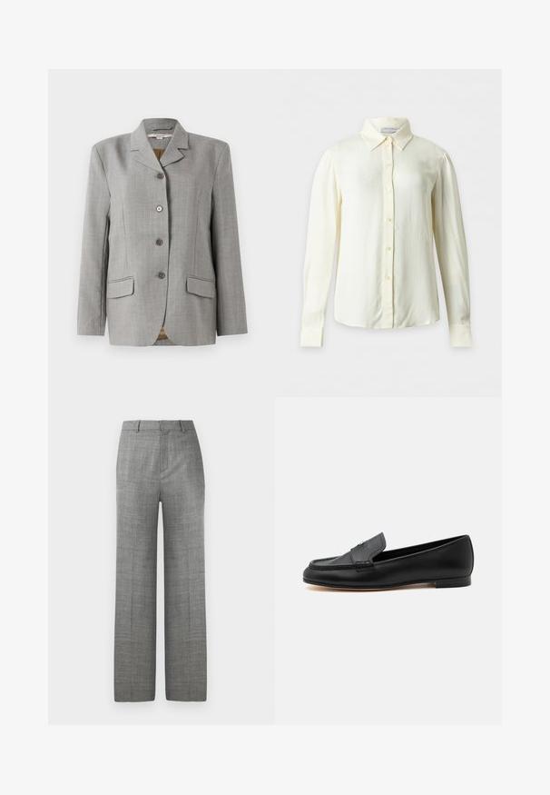 Blazer de cuadros gris con cuello de muesca, cuatro botones delanteros, dos bolsillos laterales y una textura suave.; Blusa cremosa de manga larga con cuello puntiagudo y botones delanteros, mostrada sobre un fondo liso sin patrones ni objetos adicionales.; Pantalones de pierna ancha grises a medida con trabillas y pliegue frontal sobre un fondo blanco, adecuados para vestir formal o en la oficina.; Mocasín de cuero negro con tacón bajo, detalles cosidos y un pequeño detalle metálico en la parte superior.