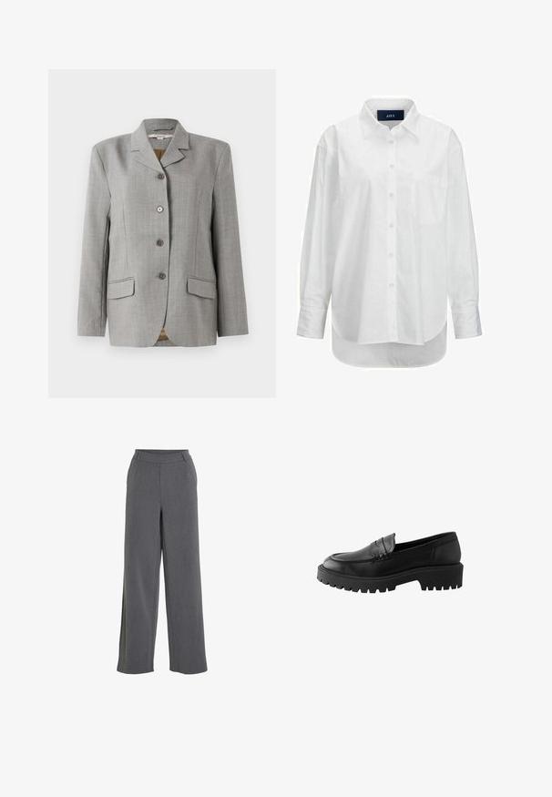 Blazer de cuadros gris con cuello de muesca, cuatro botones delanteros, dos bolsillos laterales y una textura suave.; Camisa blanca de manga larga en algodón suave con cuello abotonado, bolsillo frontal y dobladillo curvado. Cuenta con un canesú en la parte posterior para mayor estructura.; Pantalones grises de tiro alto y pernera ancha con trabillas para cinturón y bolsillos laterales, diseñados para un ajuste holgado y cómodo.; Mocasín de cuero negro con puntera redondeada, detalle de costura elevada y suela de goma gruesa con surcos profundos para mayor tracción.