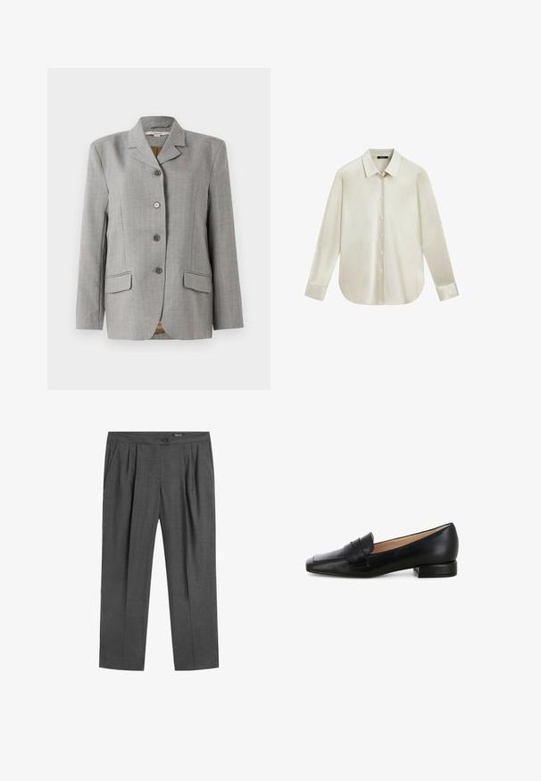 Grauer kariert Blazer mit geknöpften Revers, vier Frontknöpfen, zwei Taschen an den Seiten und einer glatten Textur.; Langärmliges cremefarbenes Hemd mit Knopfleiste, spitzem Kragen und abgerundetem Saum, auf weißem Hintergrund dargestellt.; Dunkelgraue, maßgeschneiderte Hose mit vorderen Falten, Seitentaschen, Knopf am Bund und Reißverschluss.; Schwarze Lederloafer mit flachem Absatz, quadratischer Zehenform und einer genähten Riemenverzierung über dem Spann. Glatte Textur mit glänzender Oberfläche.