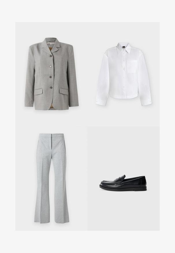 Grijze geruite blazer met een omgeslagen kraag, vier knopen aan de voorkant, twee zijzakken en een gladde textuur.; Wit overhemd met lange mouwen, knopen, puntkraag en borstzak, weergegeven op een effen lichte achtergrond.; Lichtgrijze, hoog-waist, op maat gemaakte broek met subtiel visgraatpatroon, voorplooi, zijzakken en licht uitlopende pijpen.; Zwarte leren instappers met een gestikte accentontwerp, ronde neus, platte rubberen zool en een gladde afwerking. Klassieke, veelzijdige silhouet.