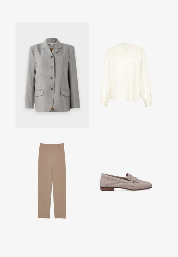 Grijze geruite blazer met een omgeslagen kraag, vier knopen aan de voorkant, twee zijzakken en een gladde textuur.; Langarmige crèmekleurige blouse met ronde hals en een enkele knoopsluiting aan de bovenkant, losse pasvorm en manchet mouwen.; Beige eersteklas geklede broek met een rechte pijp, voorzien van een geplooide voorkant, riemlussen en subtiele stikdetails. Gladde, lichte stof.; Lichtbeige leren loafers met een platte houten hak, voorzien van een decoratieve banddetail aan de voorkant en gestikte randen voor extra textuur.