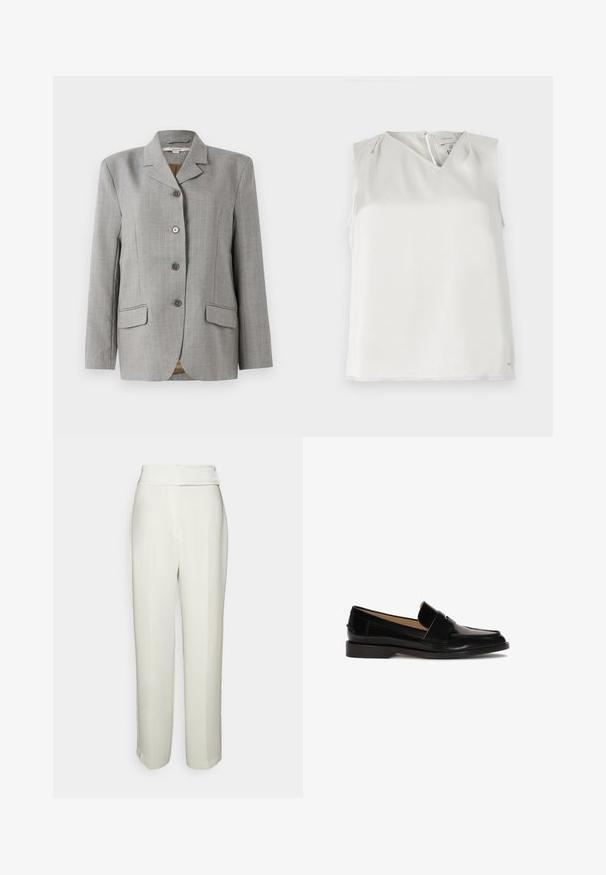 Grijze geruite blazer met een omgeslagen kraag, vier knopen aan de voorkant, twee zijzakken en een gladde textuur.; Mouwloze witte blouse met V-hals, subtiele plooien bij de schouders en ritssluiting aan de achterkant, getoond tegen een effen achtergrond.; Halston KARTER WEDDING PANT - Broek - chalk; Zwarte leren instappers met een gladde afwerking, ronde neus en een decoratief bandje over de voorkant. Ontwerp met lage blokhak.