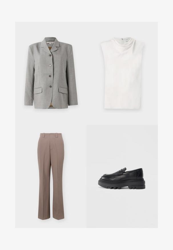 Grijze geruite blazer met een omgeslagen kraag, vier knopen aan de voorkant, twee zijzakken en een gladde textuur.; Wit mouwloos topje met een opstaande kraag en rits aan de achterkant, plat gelegd op een witte achtergrond.; Taupe rechte broek met hoge taille, broeklussen en een vouwdetail aan de voorkant.; Zwarte leren loafers met een stevige zwarte zool en een gestructureerd banddetail. De gladde afwerking en de afgeronde vorm versterken het eigentijdse ontwerp.