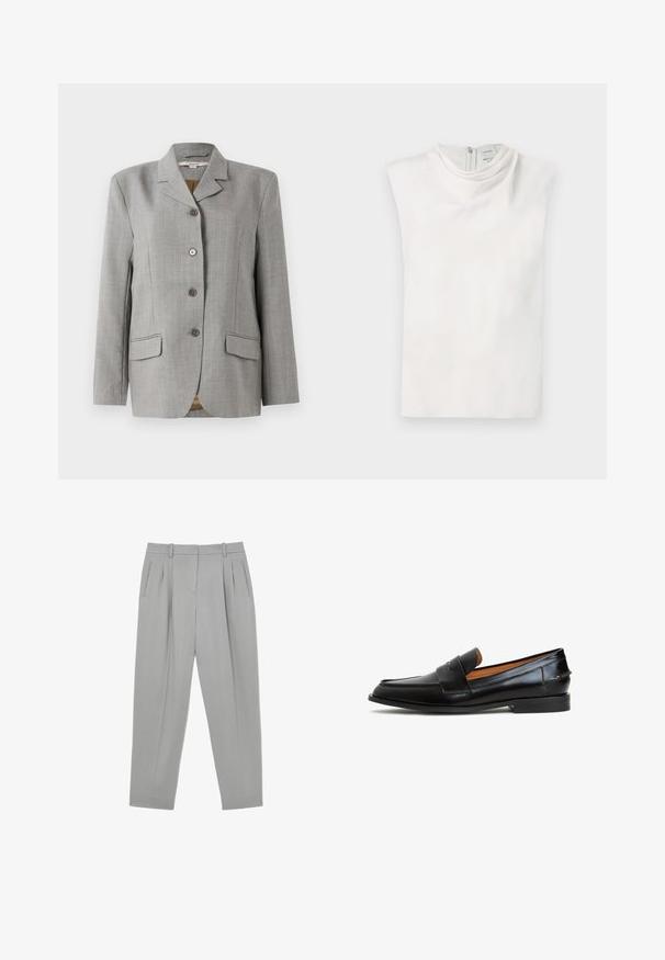 Blazer de cuadros gris con cuello de muesca, cuatro botones delanteros, dos bolsillos laterales y una textura suave.; Top blanco sin mangas con cuello alto simulado y cierre de cremallera en la espalda, mostrado plano sobre un fondo blanco.; Pantalones formales gris claro con pliegues frontales, bolsillos laterales, trabillas para cinturón y diseño de pierna ahusada.; Mocasines de cuero negro con un diseño elegante, que presentan una correa ancha en el empeine, puntera redondeada y suela plana. Textura suave con costuras mínimas.