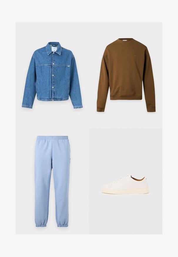 Veste en jean bleue avec devant boutonné, col, manches longues et détails plissés sur un fond uni.; Sweat-shirt marron à manches longues et col rond, avec poignets et bas côtelés, arborant un petit logo brodé sur la poitrine gauche.; Pantalon de survêtement bleu clair avec ceinture élastique et poignets, présenté de face sur un fond uni.; Baskets blanches basses avec un design à lacets, des détails de couture minimalistes, et une semelle couleur crème sur un fond gris clair.