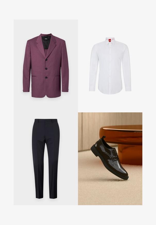 Blazer morado a rayas con solapa muesca, tres botones negros y dos bolsillos laterales. Interior forrado, corte entallado, hombros estructurados.; Camisa blanca de manga larga con cuello, que presenta un cierre frontal de botones y un tejido suave y liso. Sin patrones ni acentos visibles.; Pantalones de traje en color navy, de tiro plano, corte slim, con trabillas para cinturón y bolsillos laterales. Tejido suave con un acabado nítido, sin patrones ni acentos visibles.; Zapato de vestir negro brillante de cuero con cordones flotando sobre una alfombra beige con una mesa redonda marrón brillante al fondo.