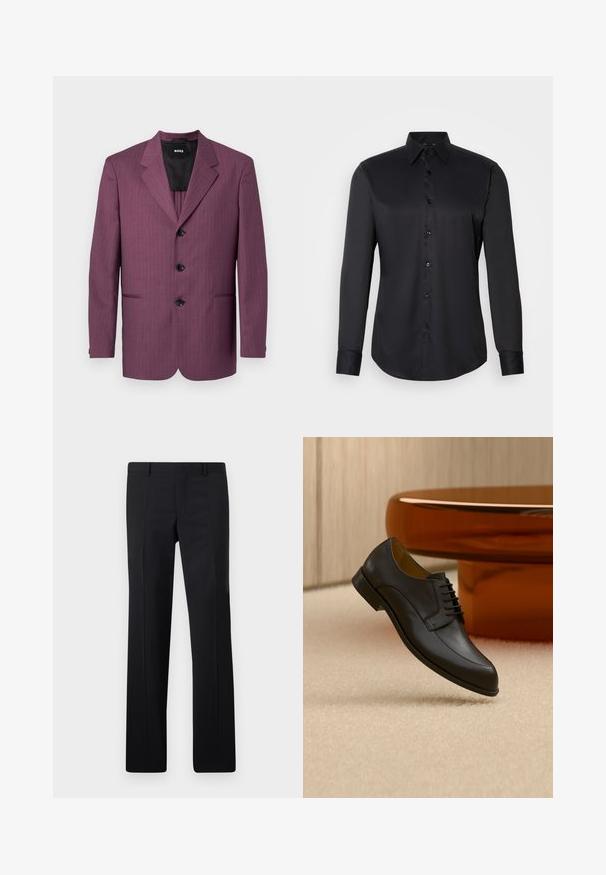 Blazer à rayures violettes avec revers cranté, trois boutons noirs et deux poches latérales. Intérieur doublé, coupe ajustée, épaules structurées.; Chemise noire à manches longues en tissu lisse, dotée d'un col classique et d'une fermeture à boutons sur le devant.; Pantalons noirs ajustés avec une coupe droite, des plis marqués et une finition lisse. Fabriqués en tissu léger avec une taille nette.; Chaussure habillée en cuir noir à lacets flottant au-dessus d'un tapis beige, avec une table ronde orange en arrière-plan.