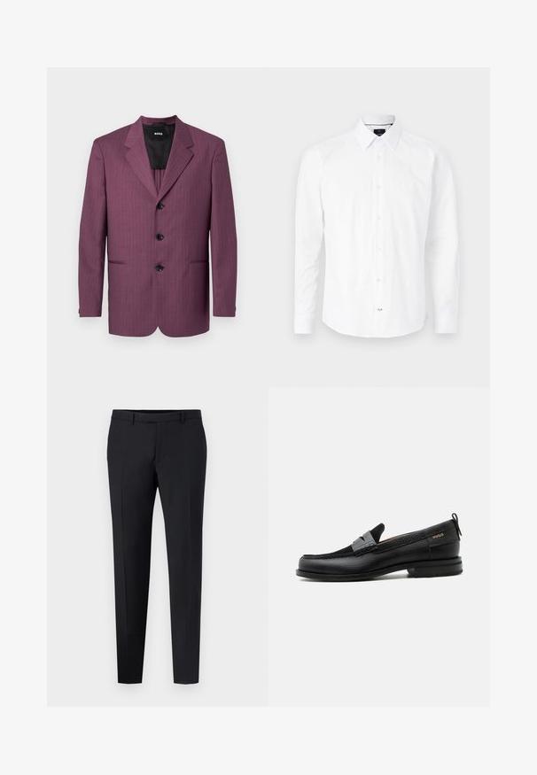 Blazer morado a rayas con solapa muesca, tres botones negros y dos bolsillos laterales. Interior forrado, corte entallado, hombros estructurados.; Camisa blanca de manga larga hecha de algodón. Presenta un cuello tipo button-down, cierre frontal con botones rosas y dobladillo curvado.; Pantalones negros sastre de corte slim, con una parte delantera plana, lazos para cinturón y sin patrones o acentos visibles. Textura suave.; Mocasín de cuero negro con detalle de tira gris, tacón bajo y suela texturizada, con la marca "HUGO" en oro en el lateral.