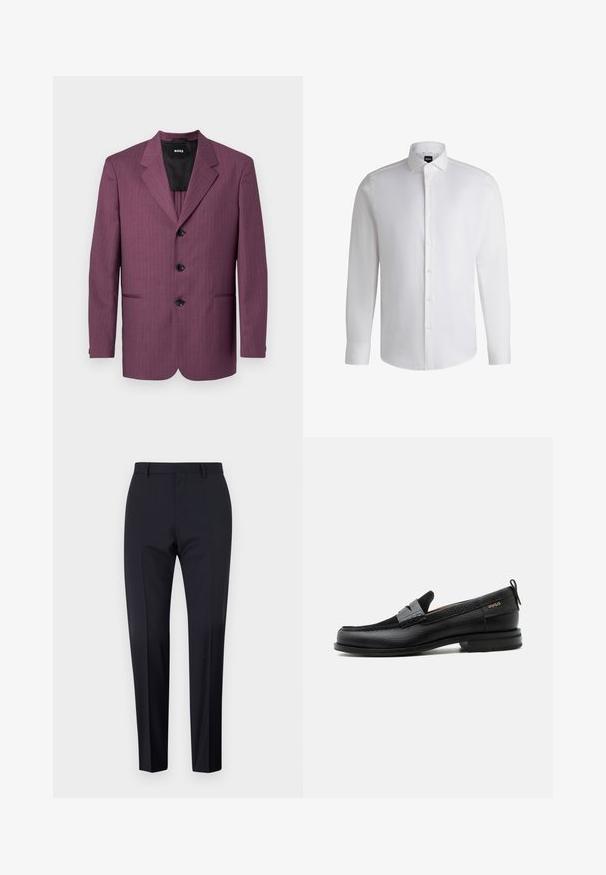 Lilla stripeblazer med slagkrave, tre sorte knapper og to sidelommer. Foret indeni, skræddersyet pasform, strukturerede skuldre.; Hvid langærmet skjorte lavet af glat bomuld, med klassisk krave, fuld knaplukning og knapmanchetter. Minimalistisk design.; Marineblå skrædderbukser, flad front, slim fit, med bæltestropper og sidelommer. Glat stof med en skarp finish, ingen synlige mønstre eller accent.; Sort læderloafer med grå remdetalje, lav hæl og tekstureret sål, mærket med "HUGO" i guld på siden.