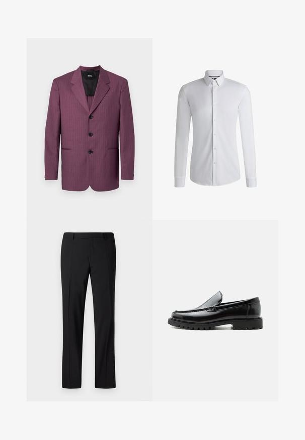 Blazer à rayures violettes avec revers cranté, trois boutons noirs et deux poches latérales. Intérieur doublé, coupe ajustée, épaules structurées.; Chemise blanche à manches longues en tissu lisse, dotée d'un col boutonné et d'une rangée de boutons sur le devant. Design uni.; Pantalons noirs ajustés avec une coupe droite, présentant une texture lisse, un devant plissé et une taille classique pour un look formel.; Mocassin en cuir noir avec semelle en caoutchouc épaisse, dessus cousu et nom de marque embossé sur le talon, présenté de profil sur fond blanc.
