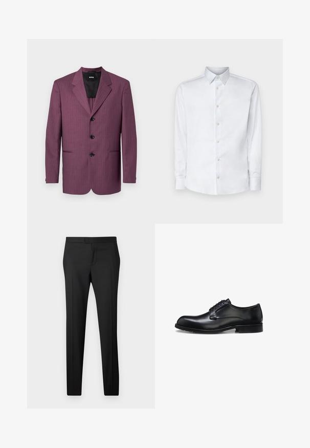 Blazer morado a rayas con solapa muesca, tres botones negros y dos bolsillos laterales. Interior forrado, corte entallado, hombros estructurados.; Camisa blanca de manga larga hecha de tela suave, con un cuello clásico, tapeta de botones y puños con botones, presentada sobre un fondo liso.; Pantalones negros ajustados de corte recto, hechos de una tela suave. Presentan un frente plano, trabillas para cinturón y sin patrones o adornos visibles.; Zapato de vestir para hombre de cuero negro pulido con cordones cerrados, tacón bajo y detalle sutil de marca cerca del talón sobre un fondo blanco.