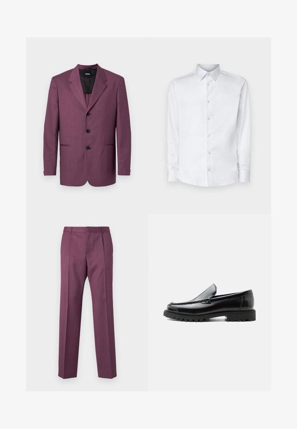 Blazer morado a rayas con solapa muesca, tres botones negros y dos bolsillos laterales. Interior forrado, corte entallado, hombros estructurados.; Camisa blanca de manga larga hecha de tela suave, con un cuello clásico, tapeta de botones y puños con botones, presentada sobre un fondo liso.; Pantalones morados a rayas con piernas rectas, diseño ajustado y bolsillos frontales. Hechos de un tejido liviano, cuentan con pasadores de cinturón y pliegue frontal.; Mocasín de cuero negro con suela de goma gruesa, empeine cosido y nombre de la marca en relieve en el talón, mostrado en perfil lateral sobre fondo blanco.