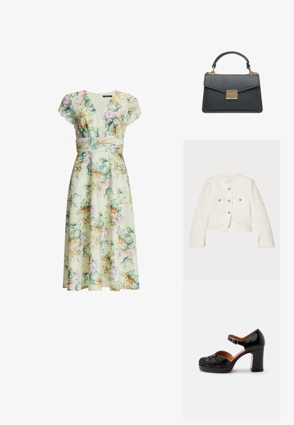 Witte cropped jas gemaakt van gestructureerde stof, met vier knopen met decoratieve details en twee voorzakken.; Bloemenmidi-jurk met capmouwen, V-hals, getailleerde taille en pastelkleurige bloemen in groene, roze, paarse en beige tinten op een crèmekleurige achtergrond.; Zwarte gepatenteerde leren Mary Jane schoen met afgeronde neus, gestructureerd detail, enkelriem met gesp en stevige middenhoge hak op witte achtergrond.; Zwarte gestructureerde leren handtas met korte handgreep en rechthoekige gouden gesp op de voorflap.