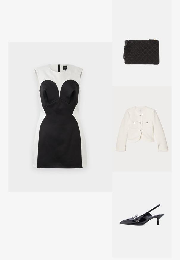 Veste blanche courte en tissu texturé, dotée de quatre boutons avec des embellissements décoratifs et de deux poches avant.; Robe sans manches noir et blanc avec une silhouette ajustée, présentant un bodice structuré et des bonnets en forme de cœur, zipper au dos.; Chaussure à talon bas en cuir verni noir avec bride arrière, bout pointu et détail boucle argentée sur fond blanc uni.; Pochette noire texturée avec un motif en diamants, dotée d'une fermeture éclair et d'une bandoulière amovible. Accents en or sur la fermeture éclair.