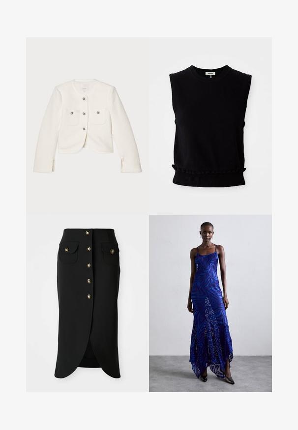 Hvid cropped jakke lavet af tekstureret stof, med fire knapper med dekorative udsmykninger og to forlommer.; Sort ærmeløs sweater lavet af blødt strikkemateriale. Har rundt halsudskæring og samlet bundkant med ribkant. Enkel, moderne design.; Sort knælang nederdel lavet af glat stof, med lukning foran med knapper, to sidelommer og en høj split bagpå. Guldknap detaljer.; Blå og lilla dyreprint maxi kjole med tynde stropper, en tætsiddende bodice, flagrende kant og gennemsigtig overlay-detaljering.