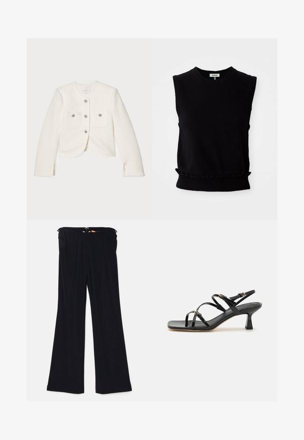 Hvid cropped jakke lavet af tekstureret stof, med fire knapper med dekorative udsmykninger og to forlommer.; Sort ærmeløs sweater lavet af blødt strikkemateriale. Har rundt halsudskæring og samlet bundkant med ribkant. Enkel, moderne design.; Sorte flagrende bukser lavet af blødt stof, med elastisk talje og sidelommer. Designet har en glat tekstur uden synlige mønstre.; Sorte lakerede sandaler med stropper, kvadratisk tå og en lav blokhæl. Udstyret med guldfarvet hardware og justerbare ankelremme.