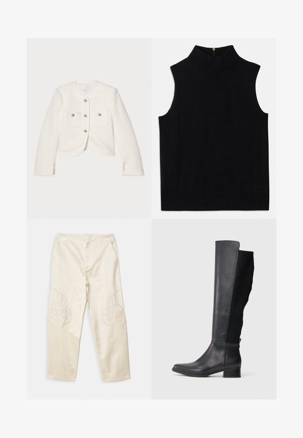 Hvid cropped jakke lavet af tekstureret stof, med fire knapper med dekorative udsmykninger og to forlommer.; Sort ærmeløs turtleneck-top lavet af blødt materiale, med høj krave og en lynlås i ryggen. Enkel design uden mønstre eller detaljer.; Cremefarvede bukser med en glat tekstur, der har broderede abstrakte mønstre på forsiden, med sidelommer og lige ben.; Høj sort læder- og stofstøvle med lav blokhæl og rund tå, vist i sideprofil på hvid baggrund.
